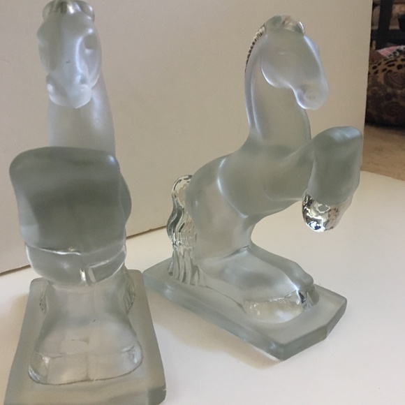 Vintage Fostoria Frosted Glass Bucking Horse Bookends - a Pair